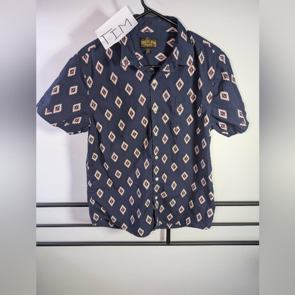 True Religion Navy Short Sleeve Button-Down with Cream & Pink Diamond Print